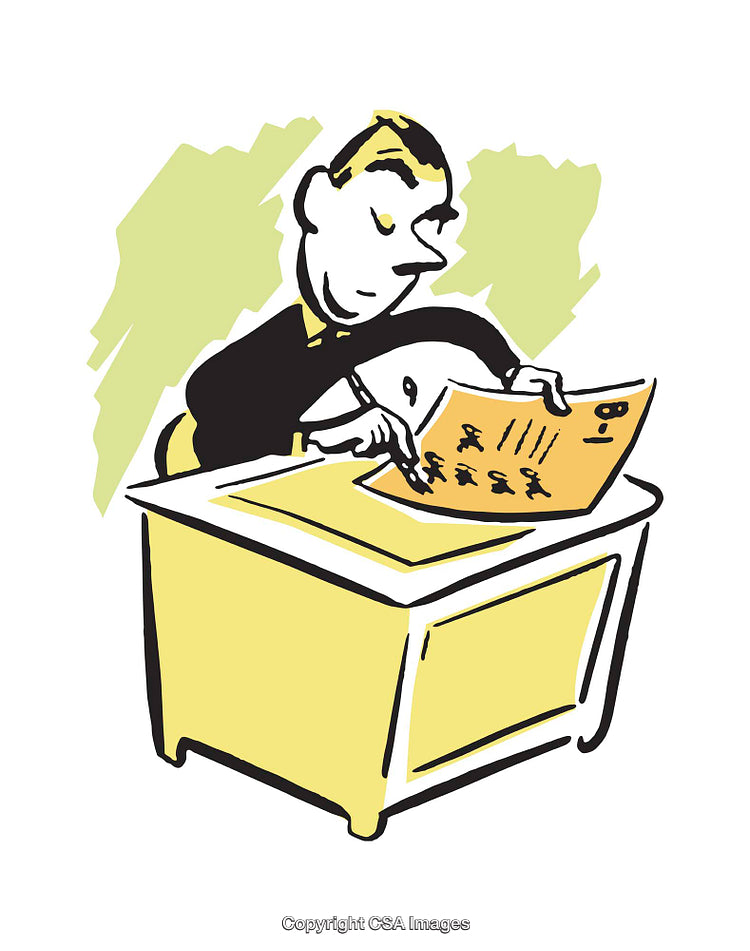 Man Reviewing Documents at Desk in a Retro Illustration Style