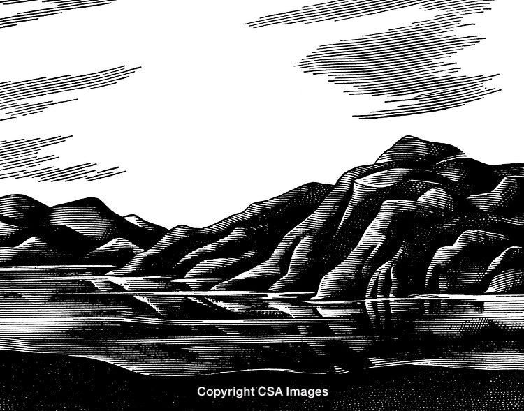Detailed Black and White Engraving of a Mountain Landscape
