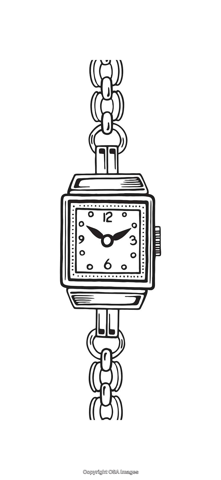 Hand-Drawn Black And White Illustration of a Wristwatch with Chain Links