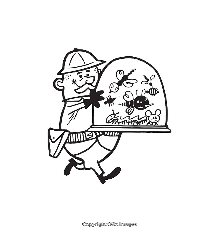 Cartoon Beekeeper Carrying Dome of Bees in Black and White Artwork