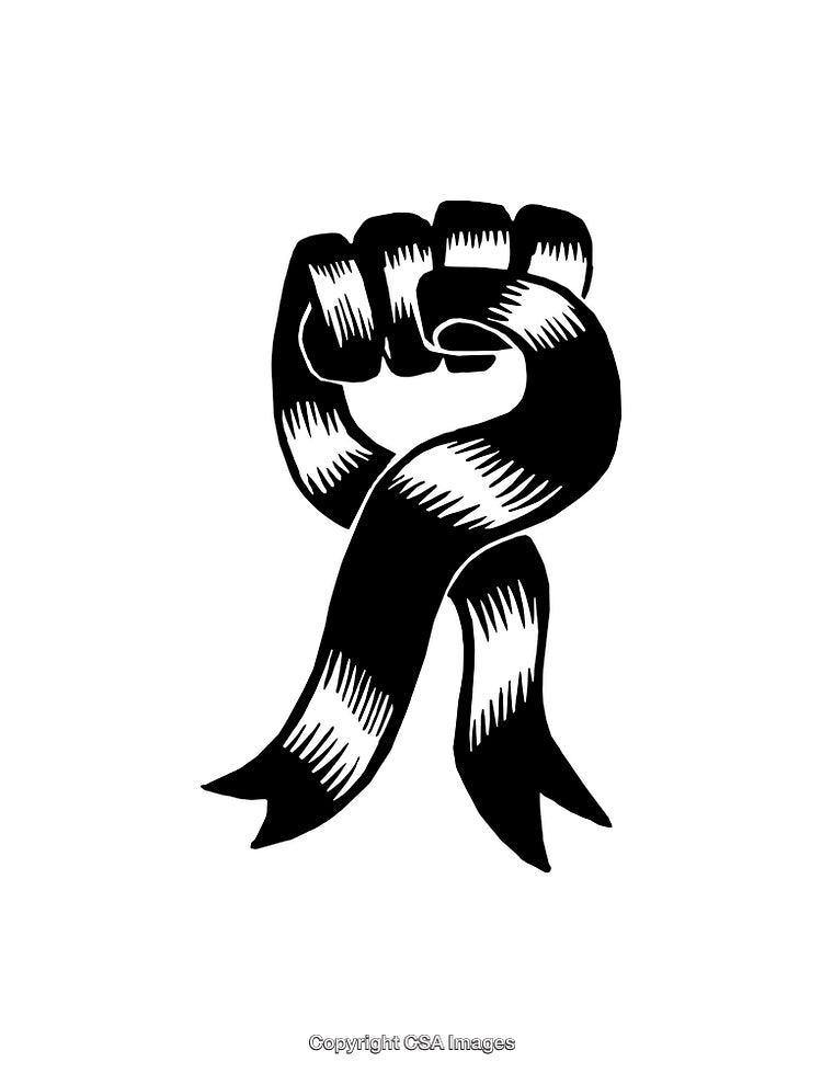 Black and White Line Art of Fist with Ribbon Icon