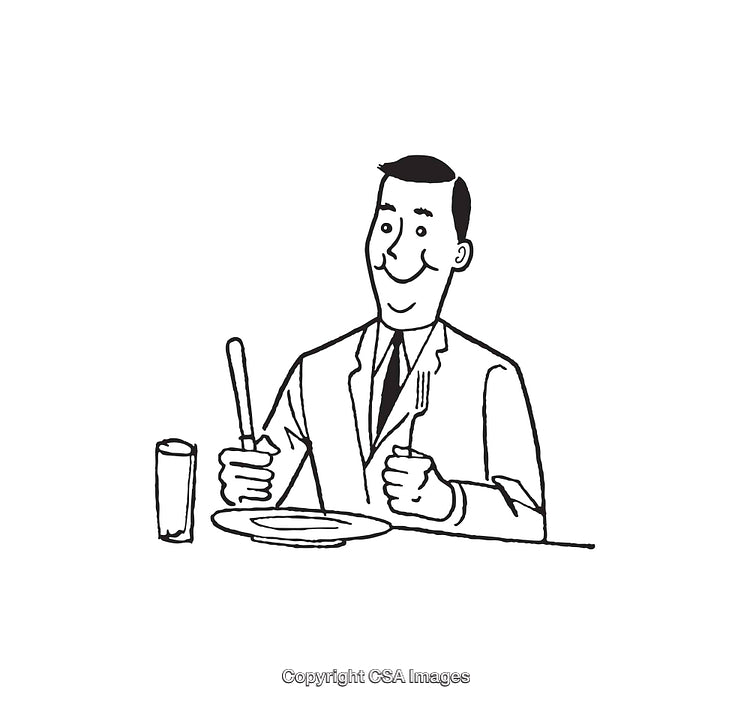 Black and White Illustration of a Man Preparing to Eat at a Table