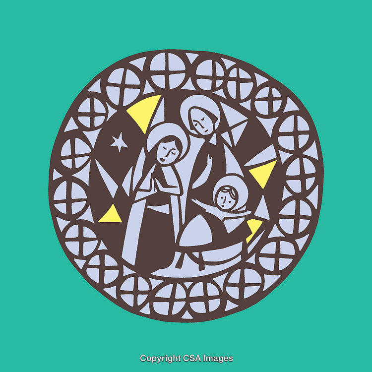 Illustrated Nativity Scene Art Depicting Mary, Joseph, and Baby Jesus in a Circle