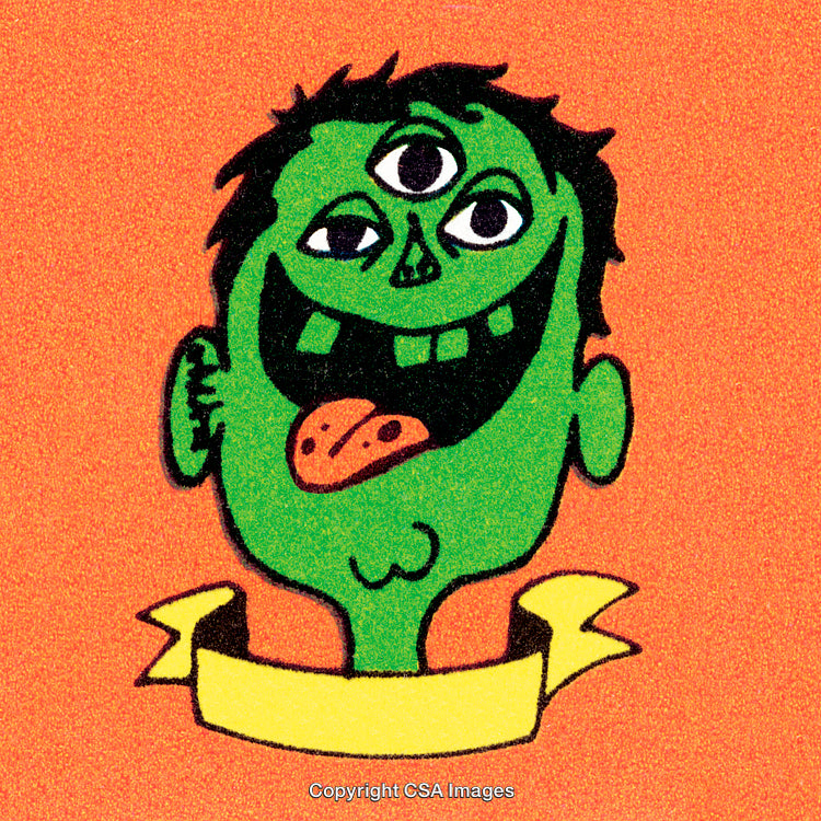 Colorful Illustrated Green Monster With Three Eyes and a Ribbon on Orange Background