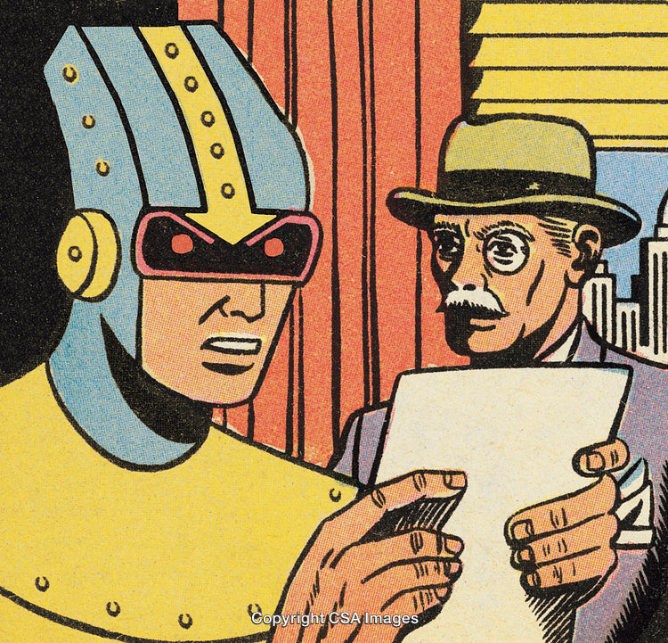 Retro Comic Panel With Hero and Concerned Gentleman Reviewing Document