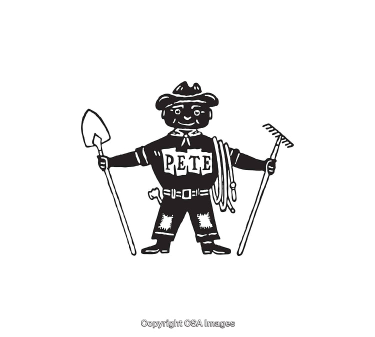 Vintage Line Art Farmer Illustration Holding Tools and Wearing a Hat