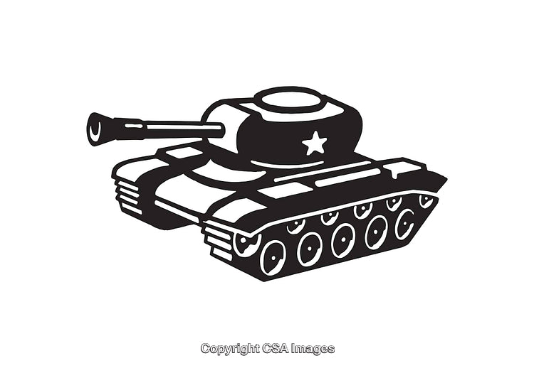 Black and White Illustration of a Military Tank With Star Emblem