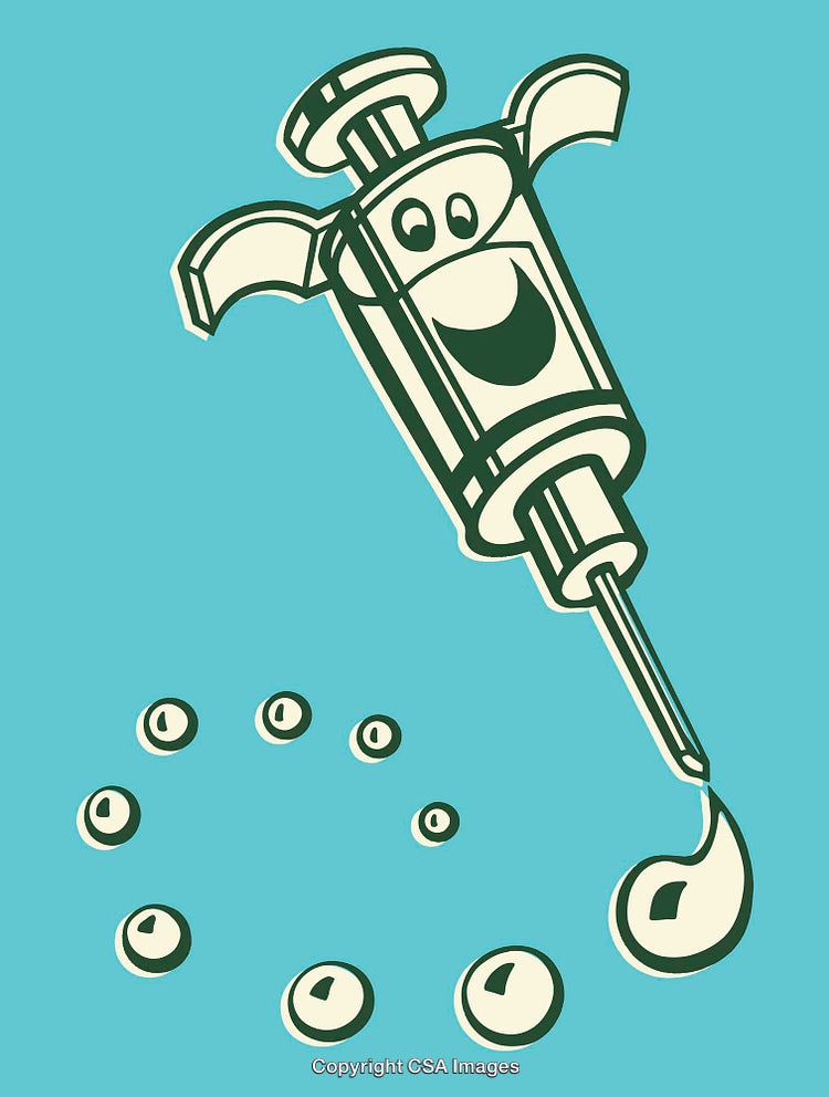 Smiling Syringe Cartoon Illustration on Blue Background with Injecting Drops