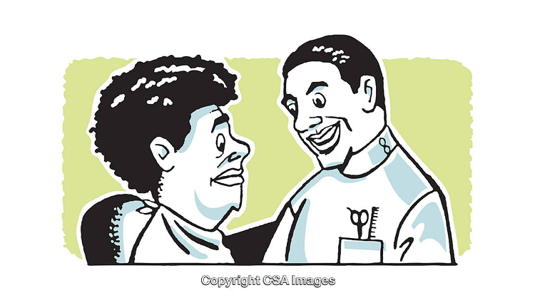 Friendly Barber Interacting with Client in a Colorful Illustration