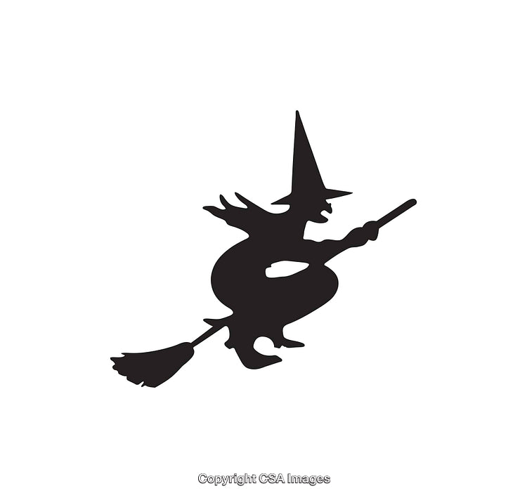 Silhouette of a Witch Flying on a Broomstick in Black and White