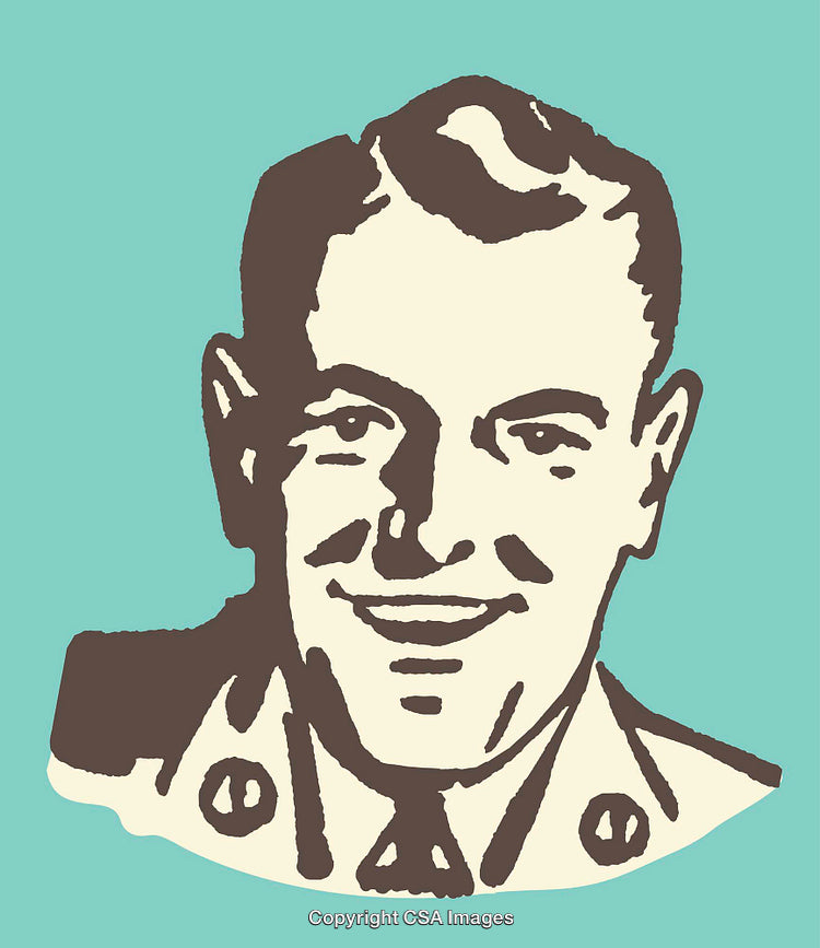 Retro Style Color Line Art Illustration of Smiling Man in Uniform