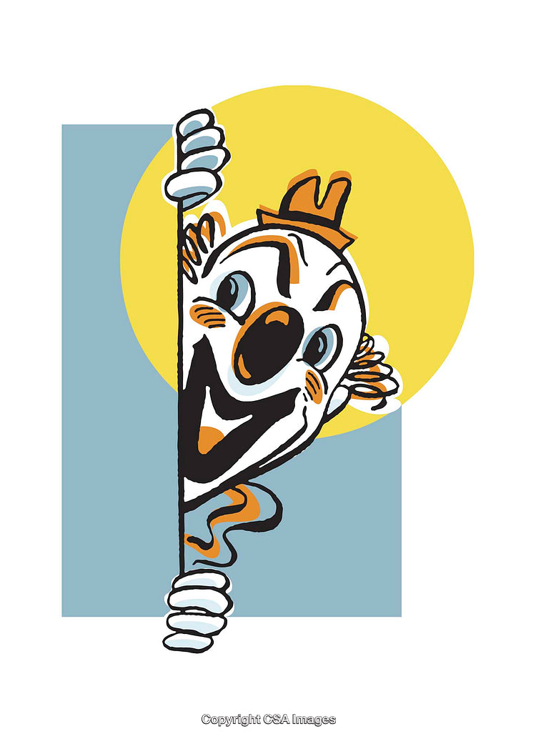 Bold Cartoon Clown Illustration with Cheerful Expression on Colorful Background
