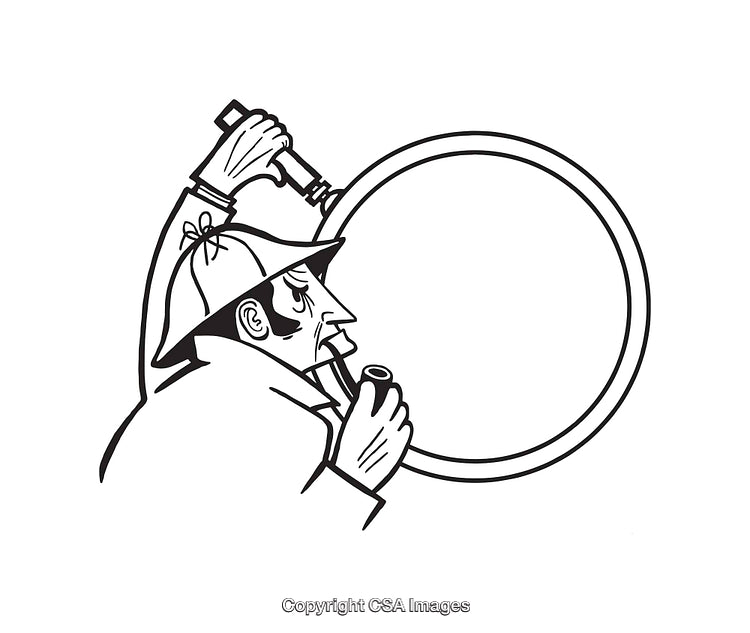 Black and White Detective Illustration Featuring Magnifying Glass and Pipe