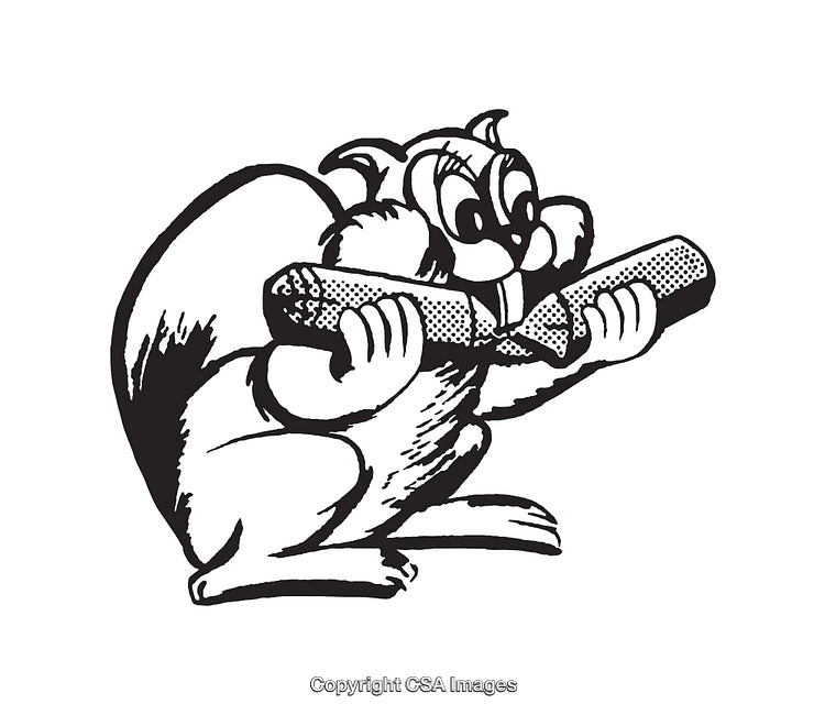 Illustration of a Cartoon Beaver Holding and Chewing on a Tree Branch