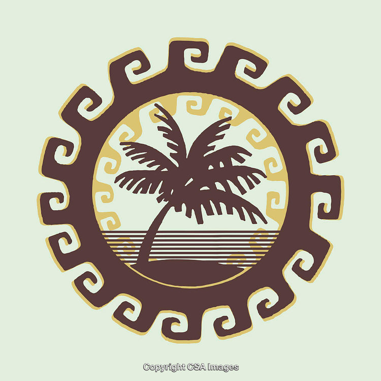 Tribal-Themed Line Art Illustration Featuring Palm Tree and Horizon