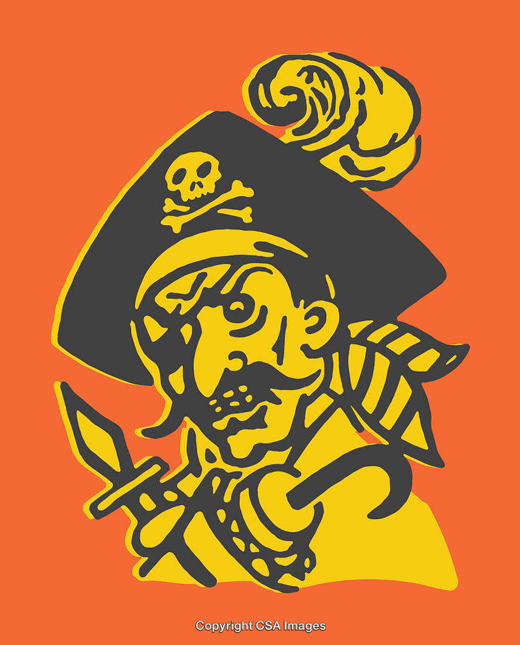 Colorful Pirate Illustration Featuring Sword and Hook on Bright Background