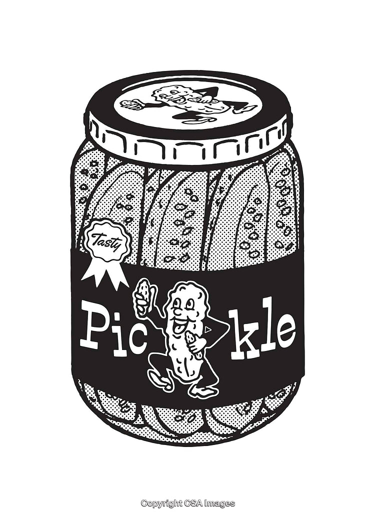 Retro Black and White Illustration of a Pickle Jar with Mascot