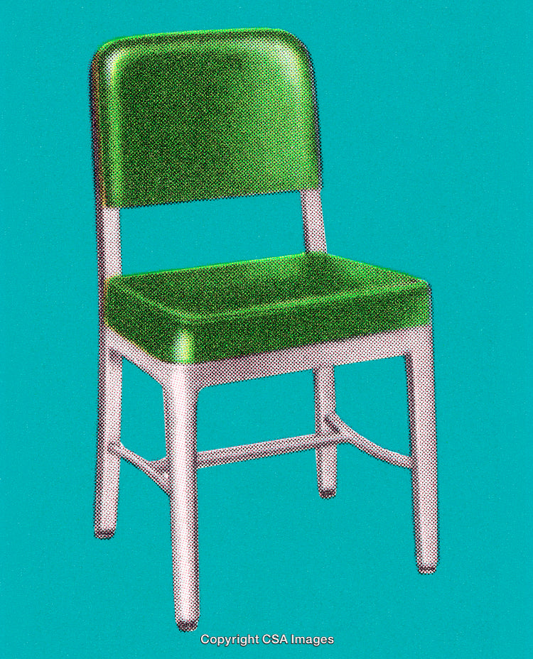 Green Chair in Retro Dot-Screen Art Style on Teal Background