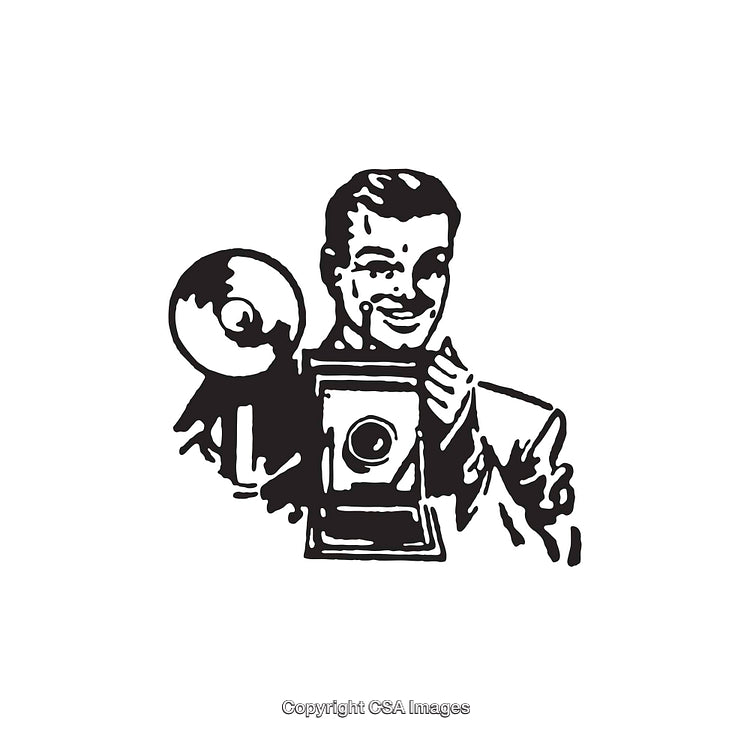 Retro Style Black and White Illustration of a Photographer with Camera