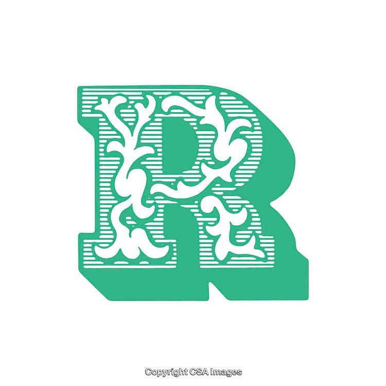 Decorative Ornate R Letter in Green with Elegant Flourishes