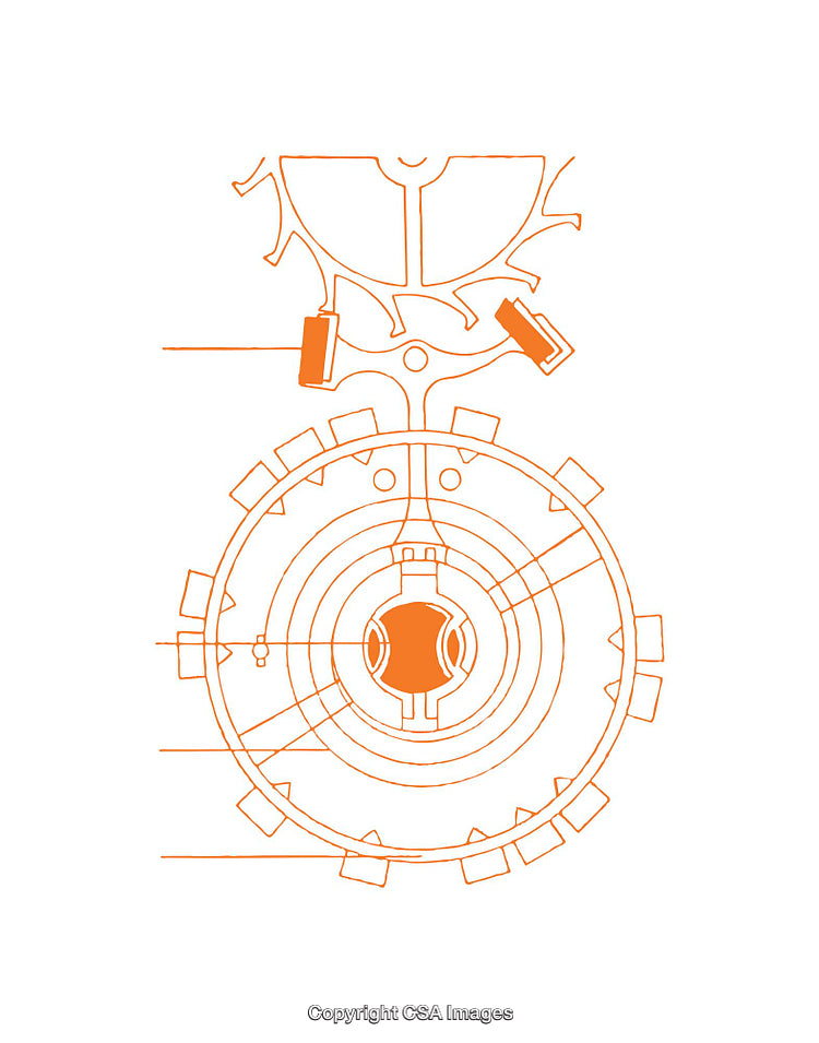 Detailed Orange Line Clockwork Diagram with Mechanical Precision