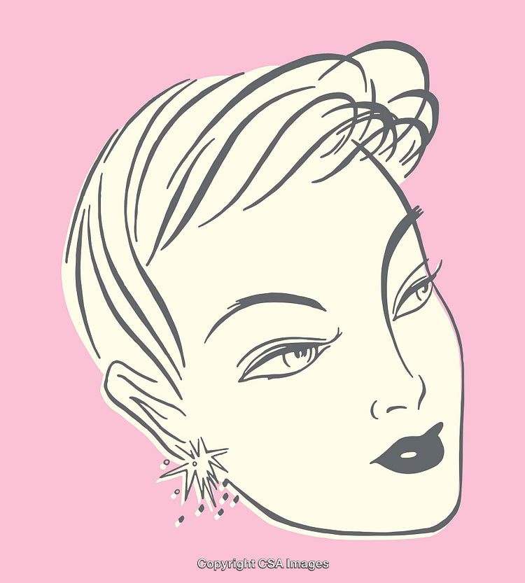 Retro Style Line Art Illustration of a Female Portrait on Pink Background