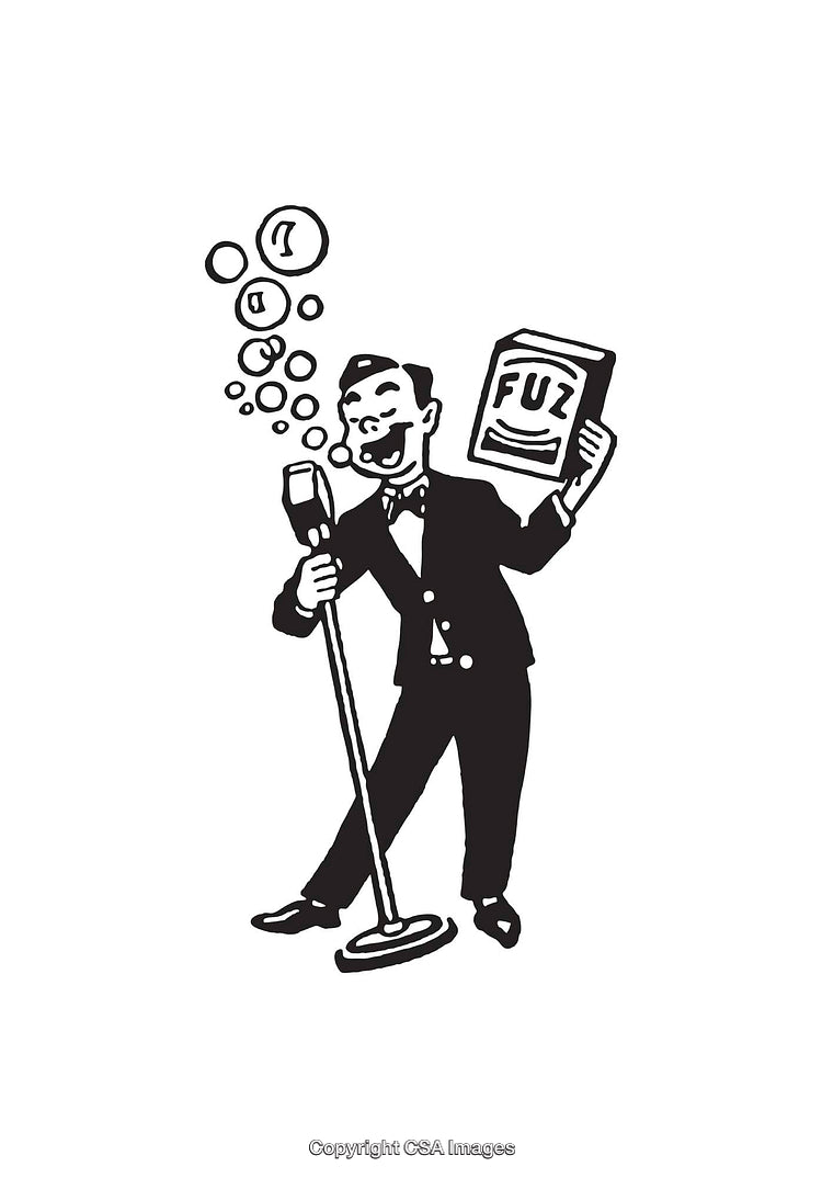 Retro Line Art of Man Singing into Microphone While Holding Box