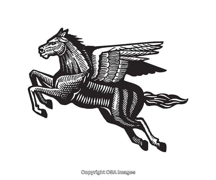 Black and White Line Art of a Winged Pegasus in Motion