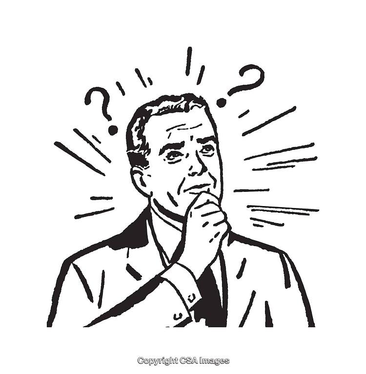 Black and White Line Art of a Thinking Man with Question Marks