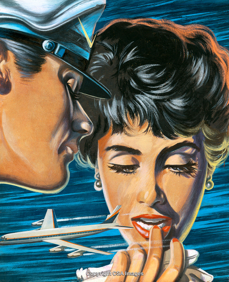 Retro Airline Romance with Pilot and Elegant Woman in Vibrant Artwork