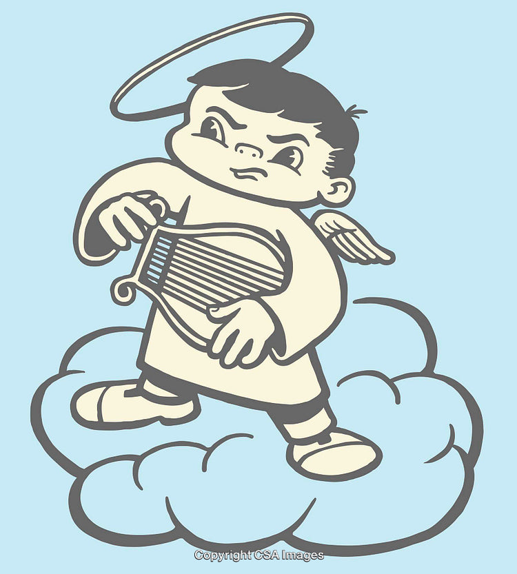 Vintage Cartoon Style Angel Playing Lyre on Cloud with Halo