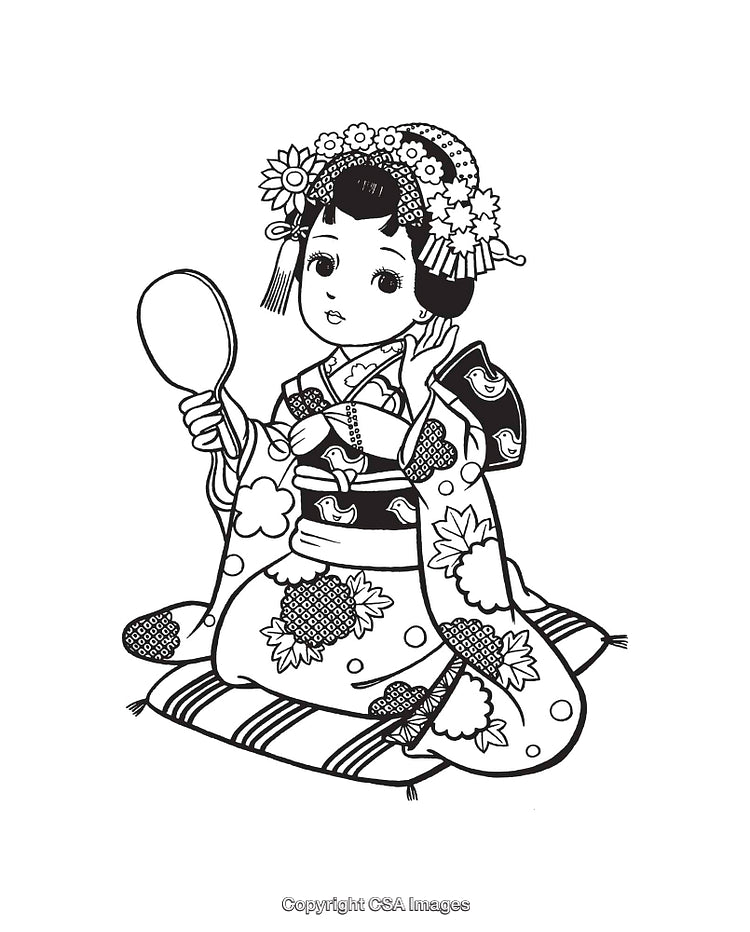 Traditional Japanese Girl in Floral Kimono Line Art Illustration