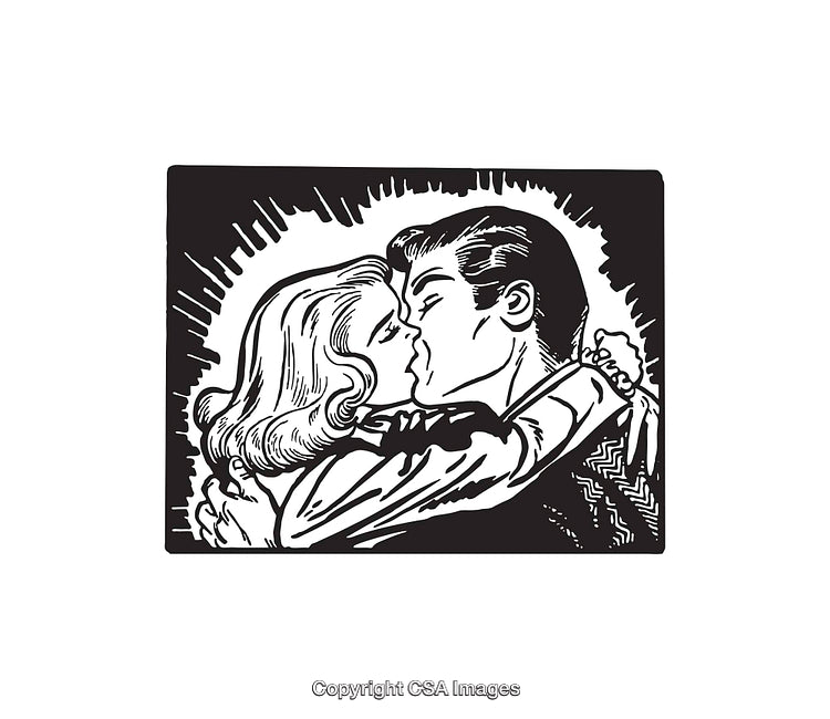 Black and White Line Art Illustration of a Romantic Couple Embrace