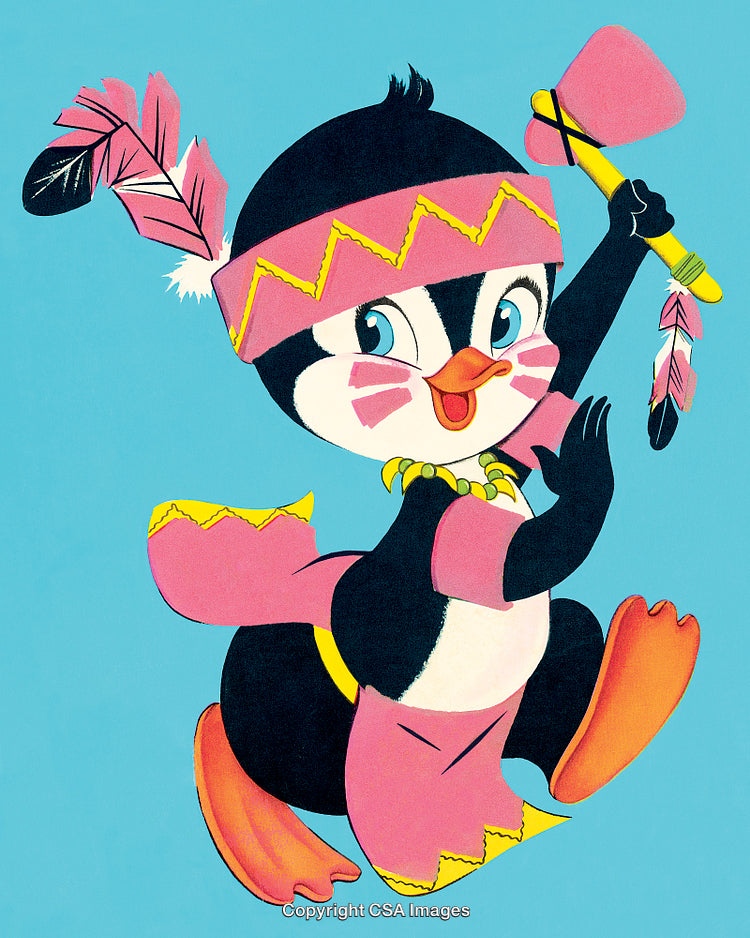 Cheerful Cartoon Penguin Dressed in Colorful Costume with Pink Background