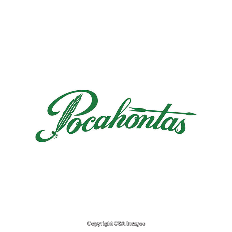 Green Script Text of the Word Pocahontas with Feather Motif