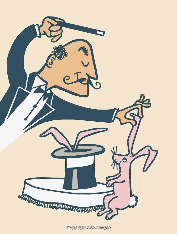 Magician Performing Classic Rabbit Trick with Top Hat and Wand