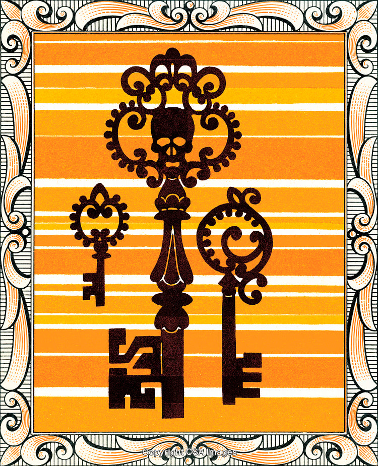 Vintage Ornate Keys With Artistic Symmetrical Design and Orange Background