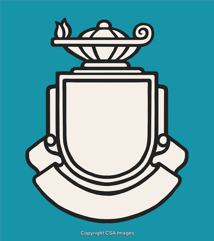 Minimalist Academic Shield Design with Inspirational Lamp Symbol on Teal Background