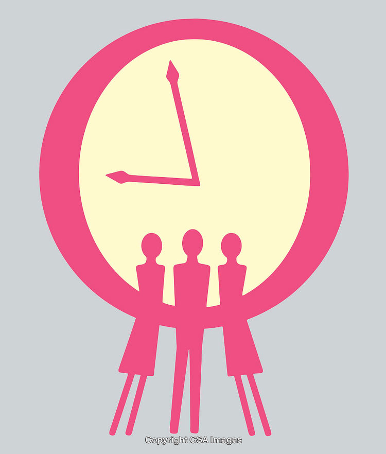 Minimalistic Illustration of Figures Standing by a Clock in Bright Pink Tones