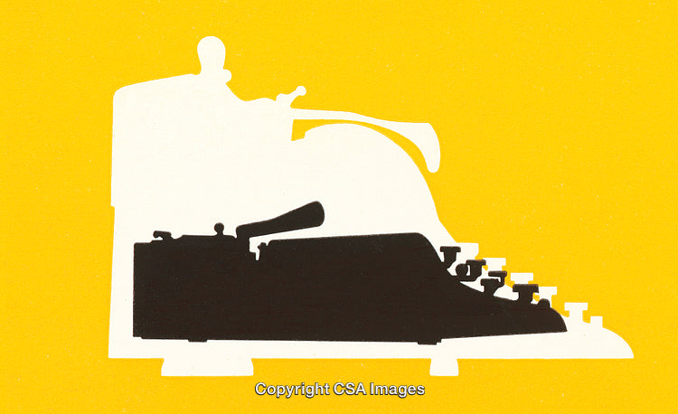 Silhouetted Figure with Vintage Typewriter on Bright Yellow Background Artwork