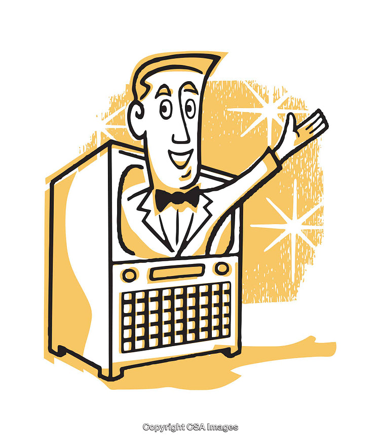 Retro Styled Cartoon Character in Front of a Decorated Television Cutout