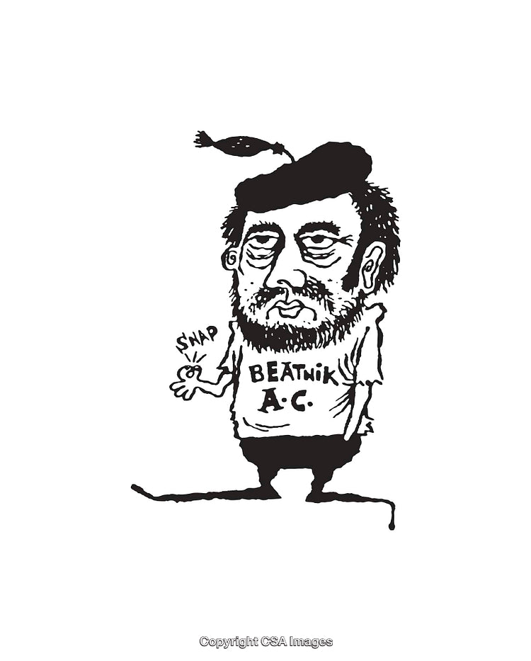Black and White Illustration of Beatnik Character with Unique Style