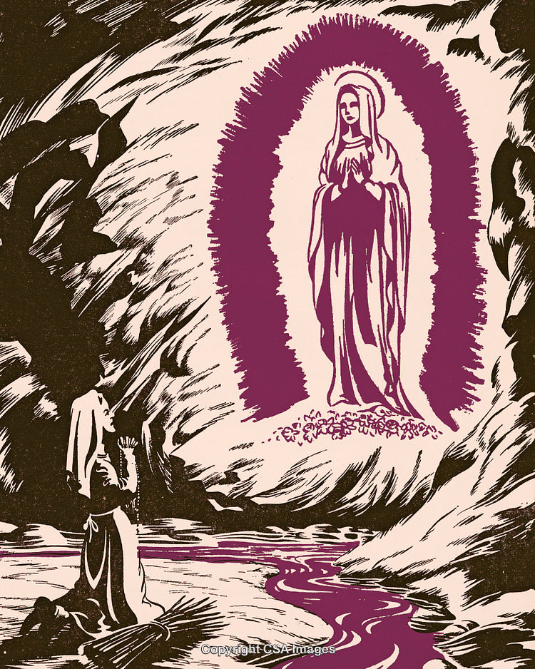 Illustration of a Religious Apparition in a Mystical Setting with Spiritual Atmosphere