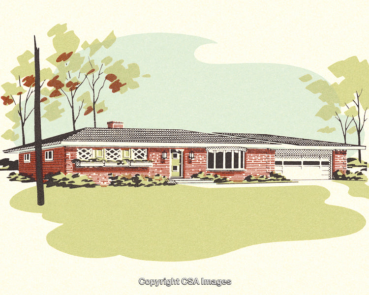 Illustration of a Mid-Century Modern Brick Home with Surrounding Trees