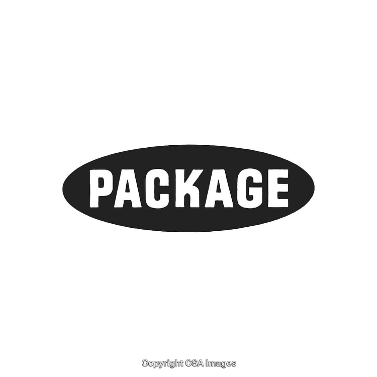 Black Oval Label with Bold White Text Reading Package on White Background