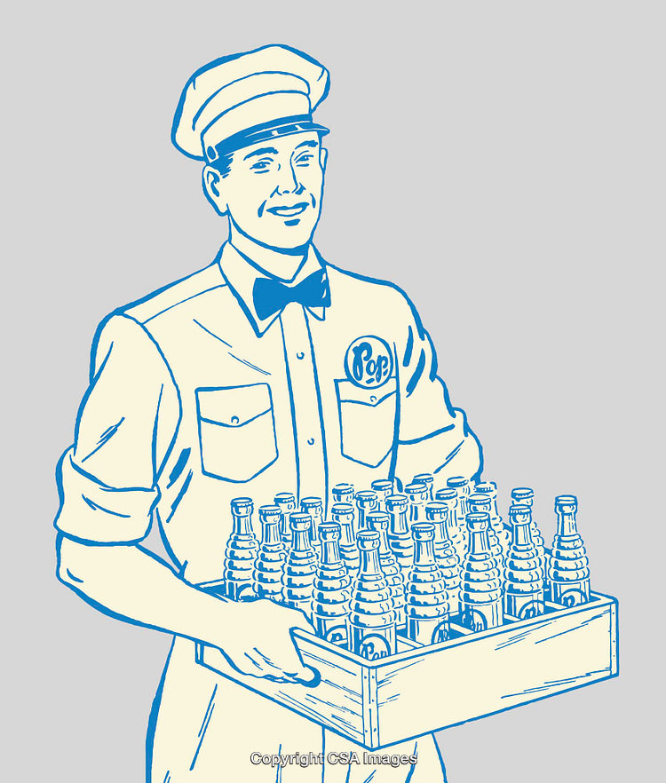 Vintage Illustration of Soda Deliveryman Holding Beverage Crate in Retro Style