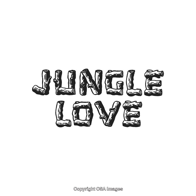 Stylized Jungle Love Text with Unique Handcrafted Wooden Lettering Design