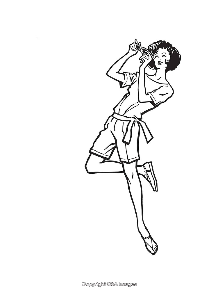 Black and White Line Art Illustration of a Woman Blowing a Bubble