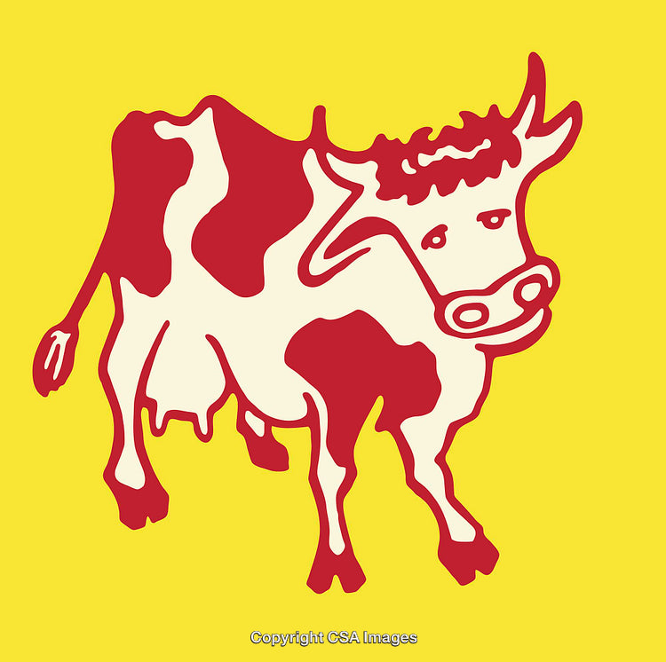Colorful Line Art Illustration of a Cow on a Vibrant Yellow Background