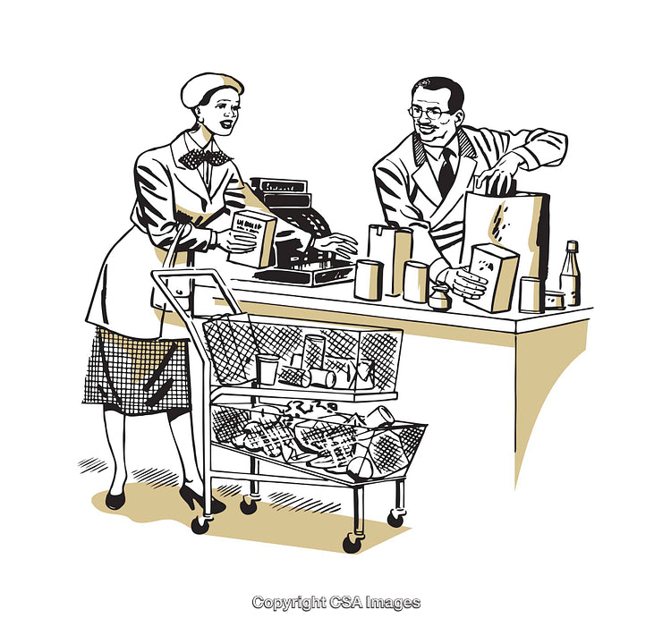 Retro Grocery Store Illustration with Customer and Store Clerk Interaction